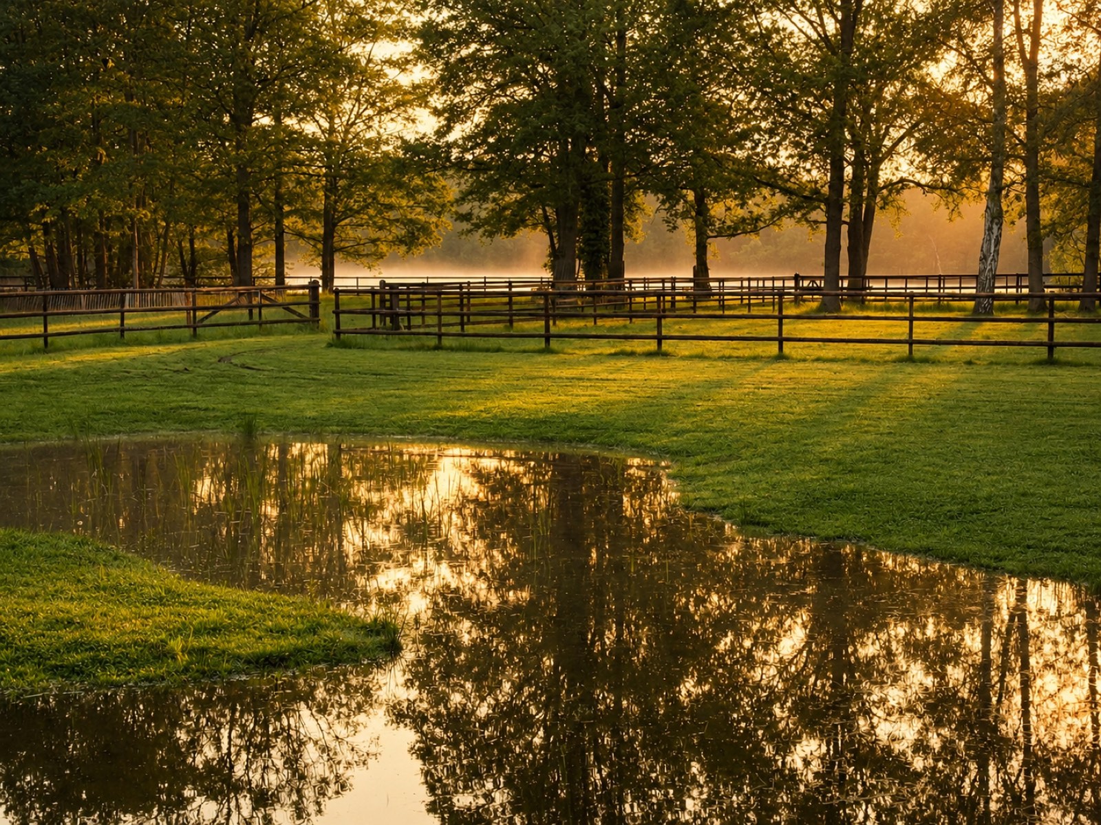 Droompad langs weide en water in de avondzon op het domein van St. Hubert — Hoogboom, Kapellen